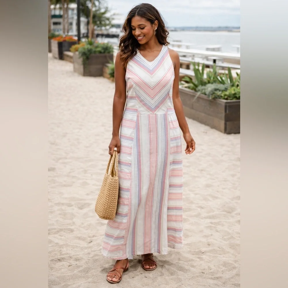 J. Jill Striped Maxi Dress Sleeveless Pink Gray White Cotton Women’s Medium - Picture 1 of 4